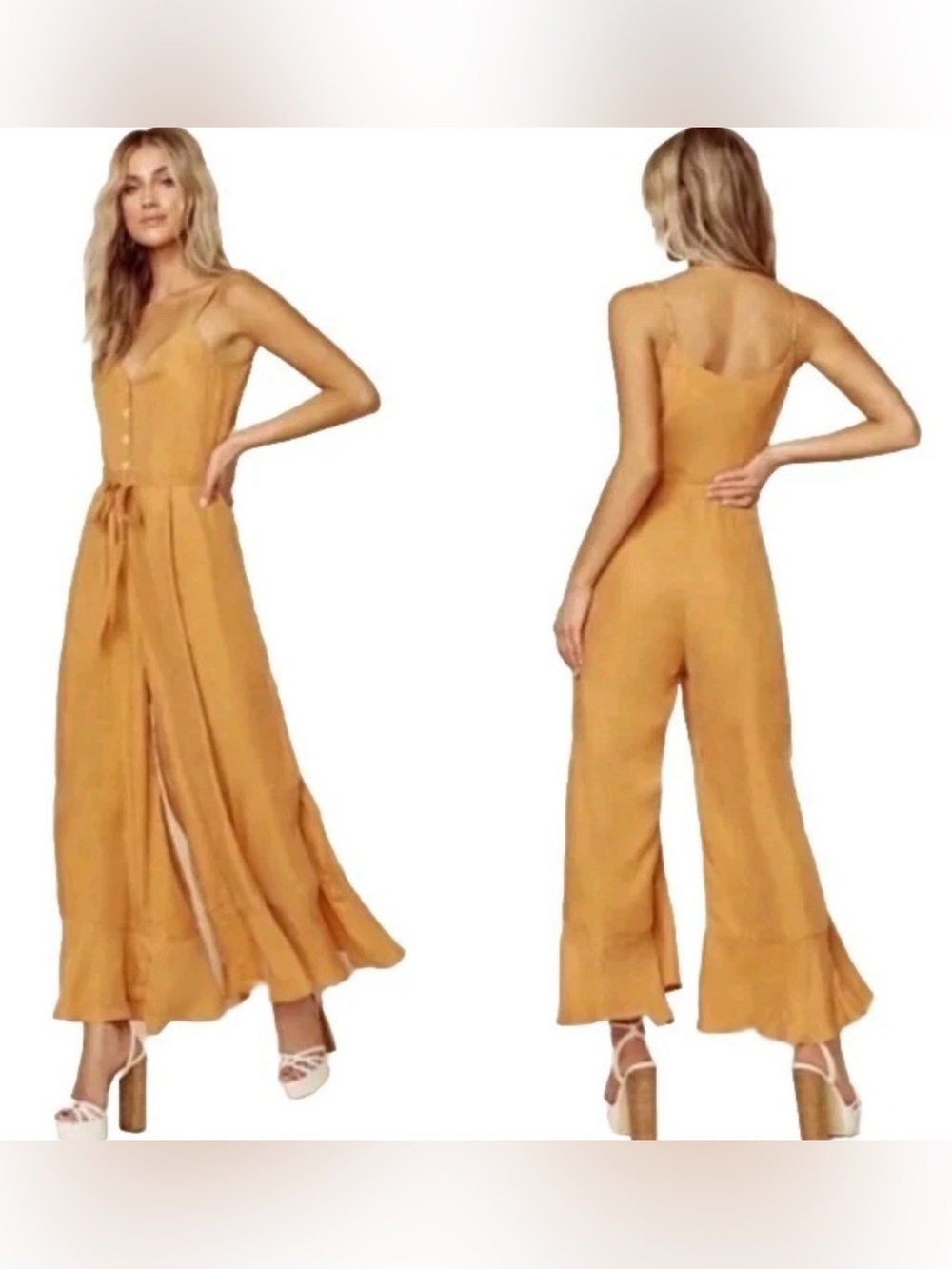 SANCIA x Anthropologie Lia Ruffle Wide Leg Jumpsuit Rust Burnt Orange Size MP